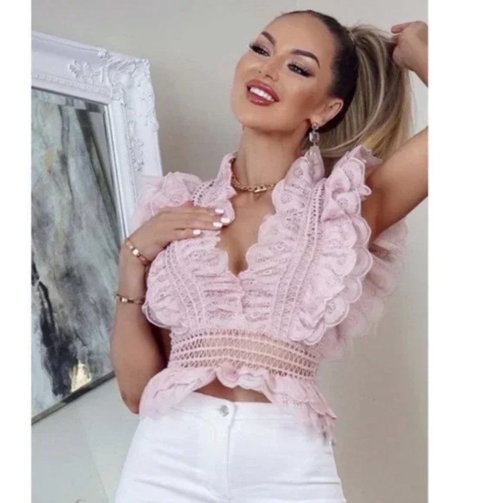 Pink Crochet Lace Sleeveless V-Neck Ruffle Peplum Top Blouse - Picture 4 of 12